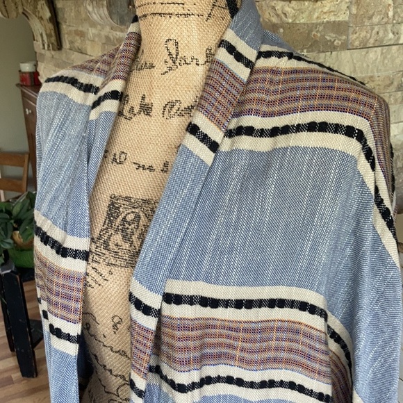 Zara boho kimono open front cardigan gray blue  multi colored pom poms fringe - Picture 7 of 15